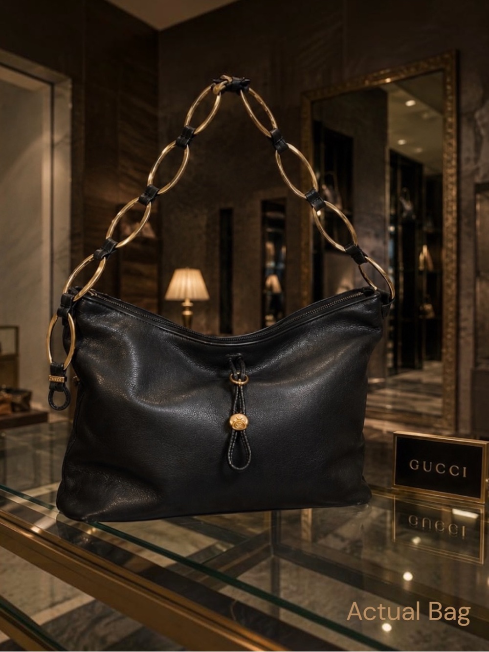 Authentic Gucci Vintage Black Leather Shoulder Bag with Gold Chain-Link-Rare
